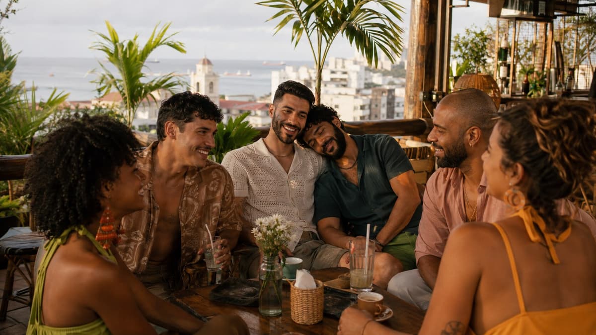 Un grupo diverso de amigos comparte bebidas en un café al aire libre en Salvador, mientras un hombre apoya cariñosamente la cabeza en el hombro de su pareja.