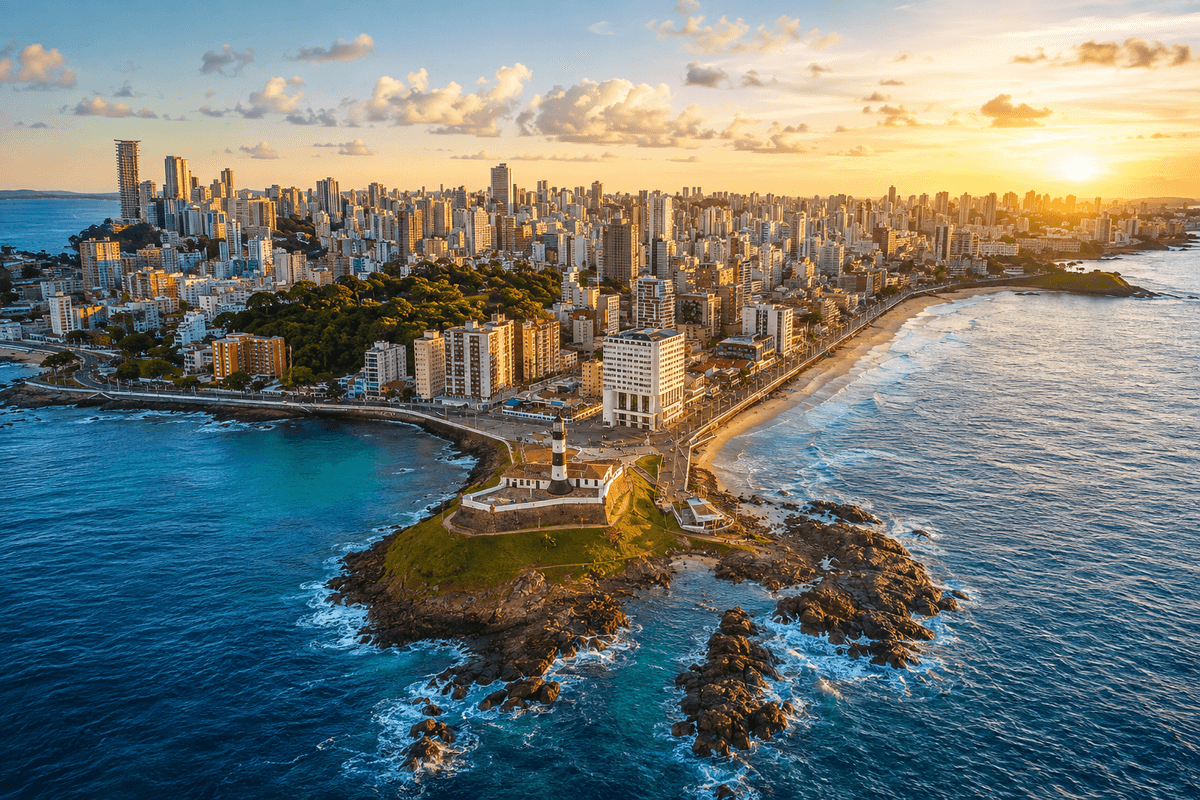 Panorámica aérea de Salvador desde el Farol da Barra, con el faro en primer plano, la costa atlántica y el perfil urbano extendiéndose hacia el interior.