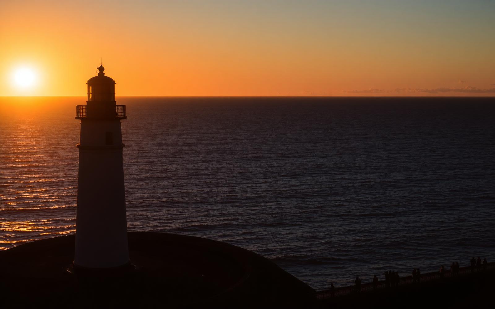 The Farol da Barra lighthouse silhouetted against the Atlantic at sunset.