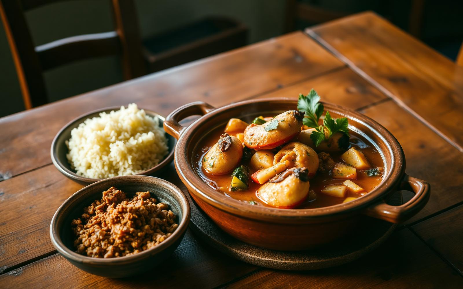 A clay pot of Bahian moqueca with rice and farofa on a wooden table.